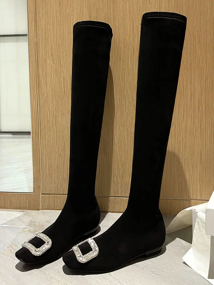 Black Velvet Rhinestone Over-the-Knee Stiletto Boots  5009 (4)