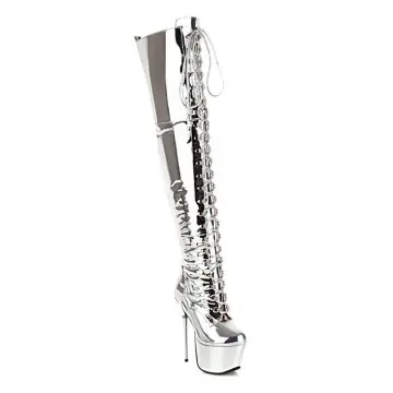 Silver 16cm Extreme Heel Western Over-The-Knee Lace-Up Boots