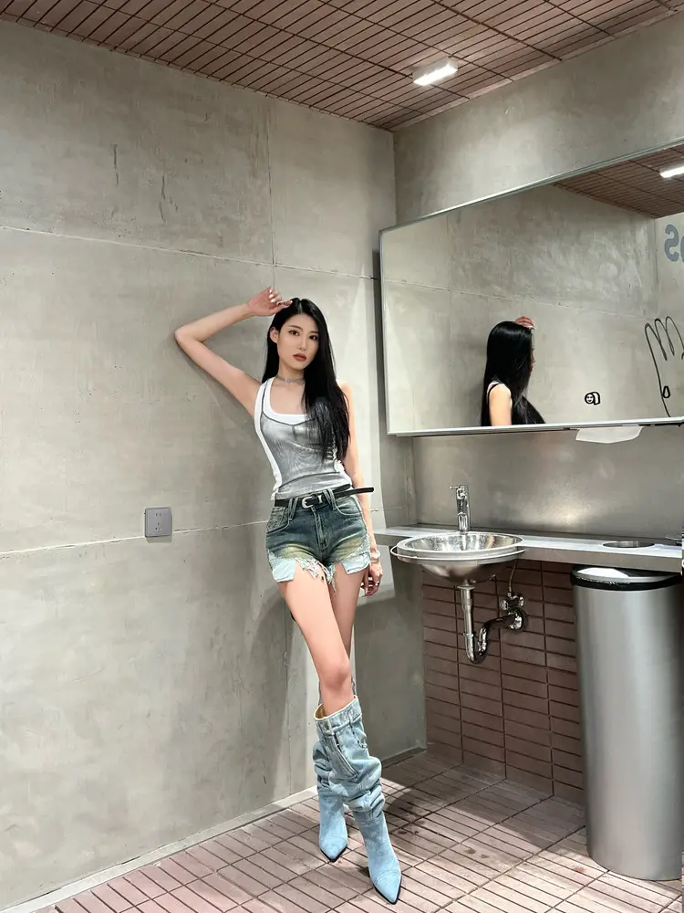 7cm Stiletto Pull-On Women's Knee-High Denim Heel Boots (23)