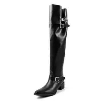 Gothic Black Western Wide Calf Slouchy Boots with Silver Buckle