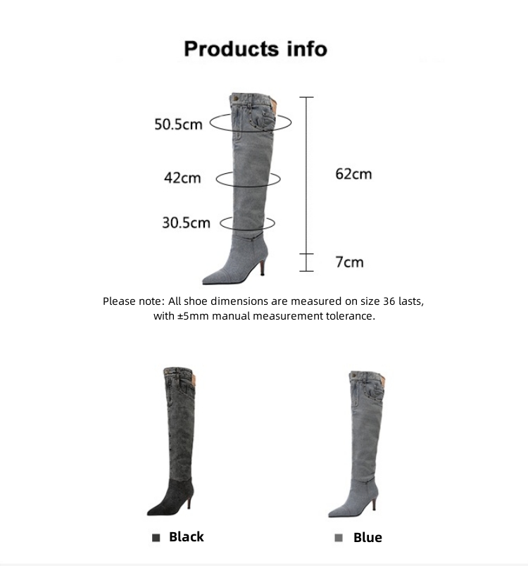 7cm Stiletto Pull-On Women's Knee-High Denim Heel Boots