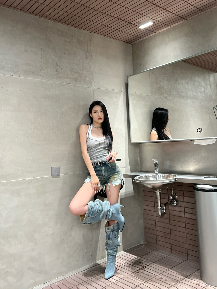 7cm Stiletto Pull-On Women's Knee-High Denim Heel Boots (29)