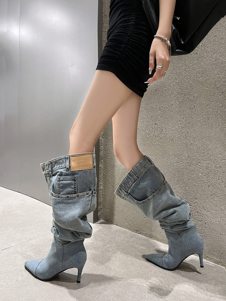 7cm Stiletto Pull-On Women's Knee-High Denim Heel Boots (9)