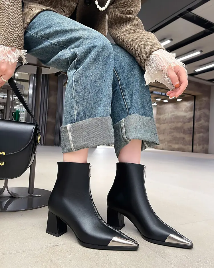 OEM Women's Pigskin Lining Ankle Boots with Chunky Heel 5045 (14)