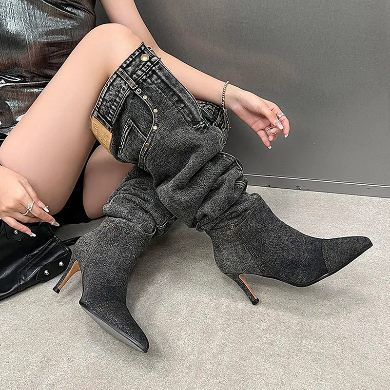 7cm Stiletto Pull-On Women's Knee-High Denim Heel Boots (9).jpg