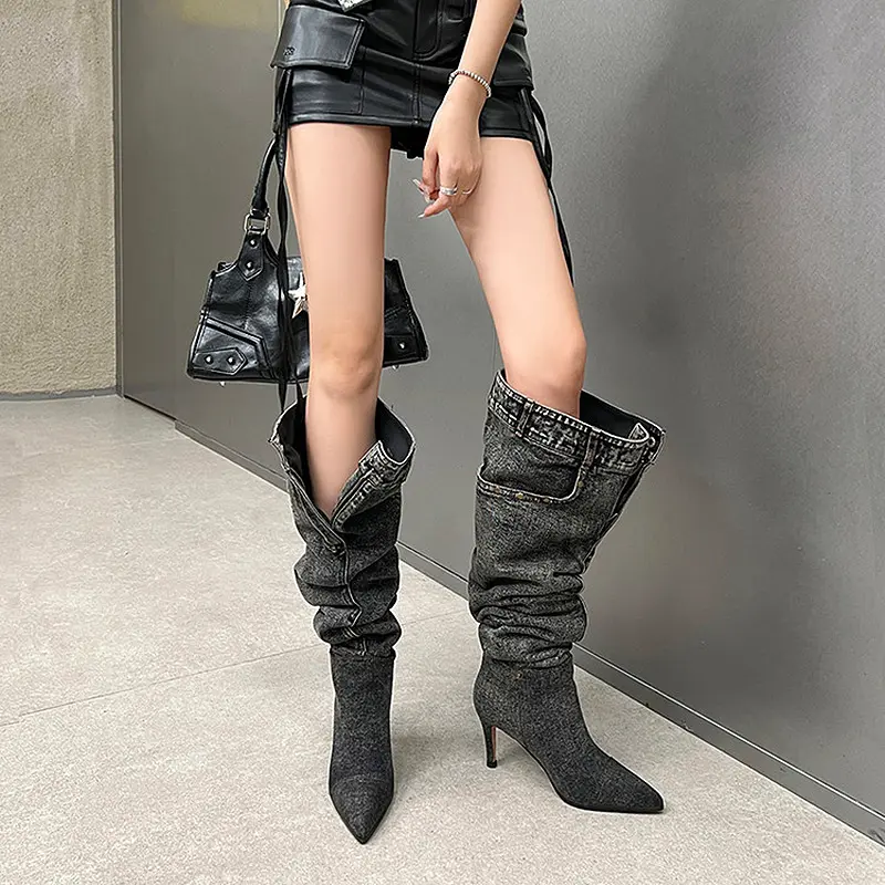 7cm Stiletto Pull-On Women's Knee-High Denim Heel Boots (7).jpg