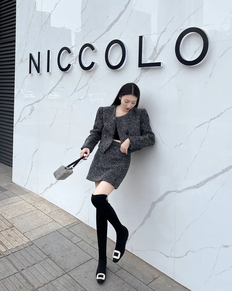 Black Velvet Rhinestone Over-the-Knee Stiletto Boots  5009 (44)