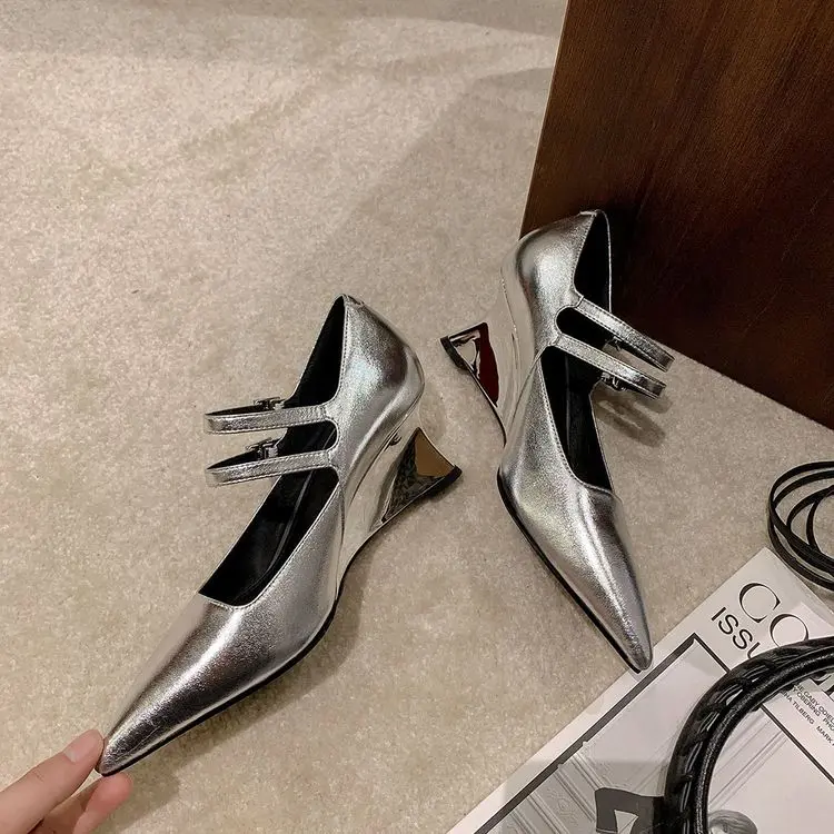 Silver Wedge Heel Mary Jane Pumps 6.5cm Black Leather (16).jpg