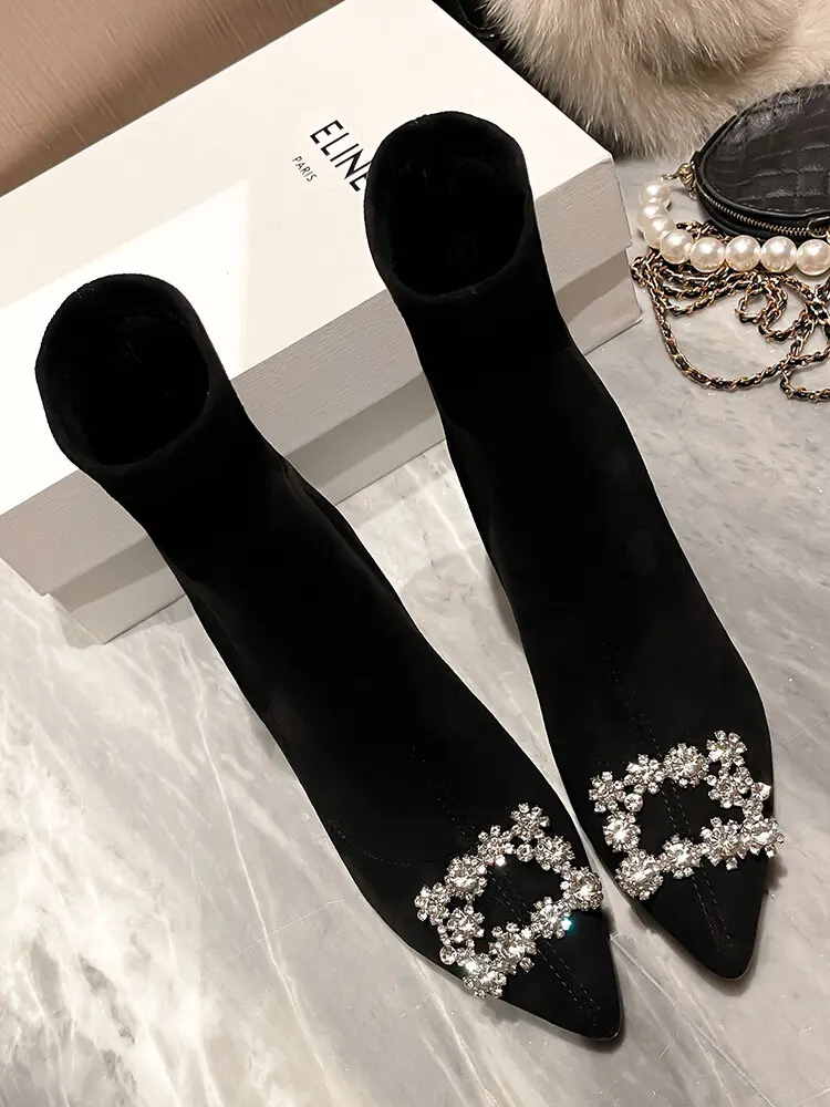 Women's Stiletto Ankle Boots - Pointed Toe, Stretch Velvet 5004 (9)