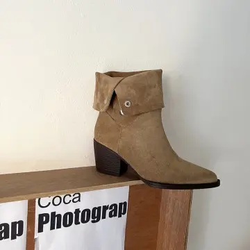 Trendy Suede Ankle Boots: Metal Rivet, Fold-Cuff, 6.5cm Chunky Heel