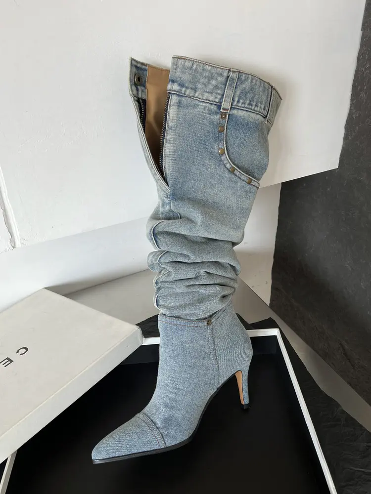7cm Stiletto Pull-On Women's Knee-High Denim Heel Boots (30)