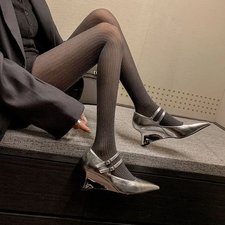 Silver Wedge Heel Mary Jane Pumps 6.5cm Black Leather (1).jpg