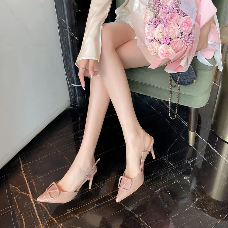 4cm Heel V-Buckle Women's Patent Leather High Heel Sandals (17)