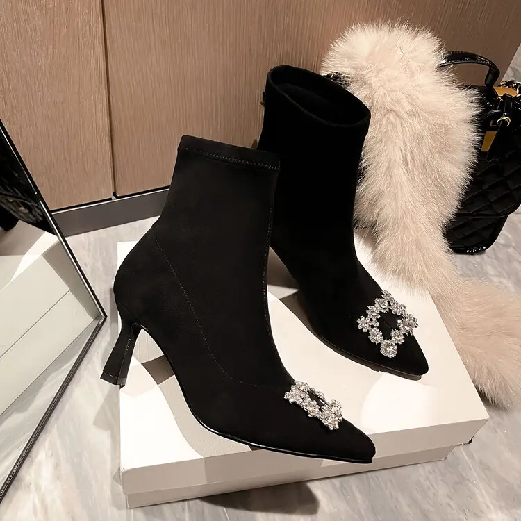 Women's Stiletto Ankle Boots - Pointed Toe, Stretch Velvet 5004 (18)