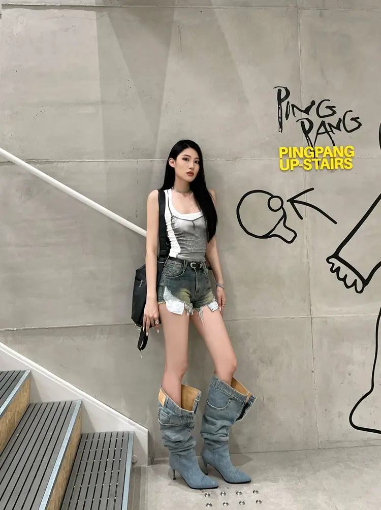 7cm Stiletto Pull-On Women's Knee-High Denim Heel Boots (12)