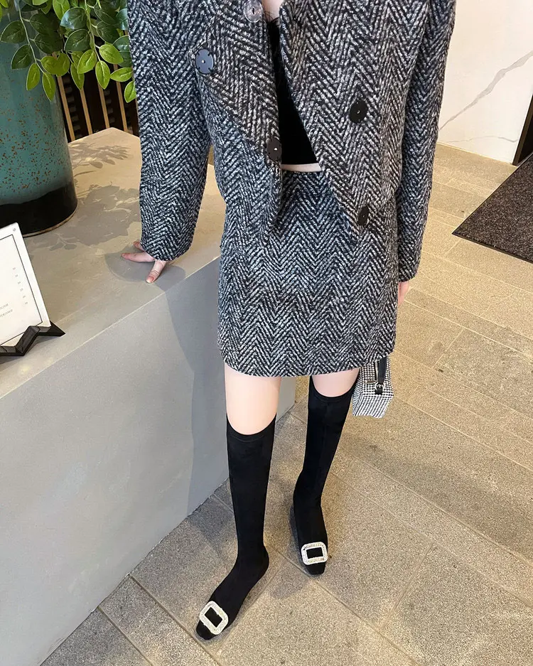 Black Velvet Rhinestone Over-the-Knee Stiletto Boots  5009 (40)