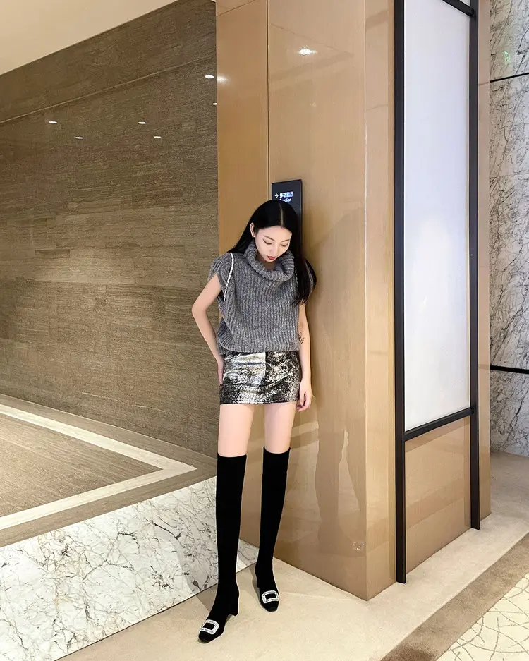 Black Velvet Rhinestone Over-the-Knee Stiletto Boots  5009 (35)