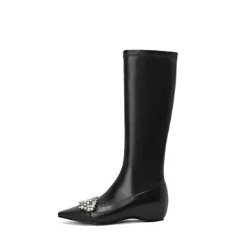 Custom Slim Stretch Knee High Boots: 4CM Wedge, Pearl Rhinestone