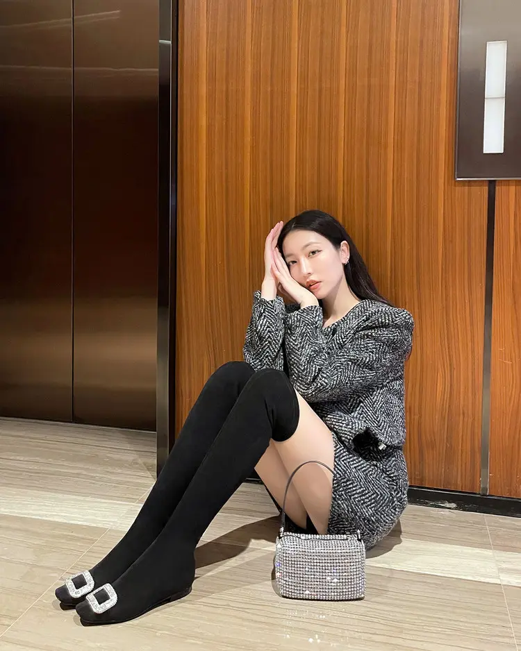 Black Velvet Rhinestone Over-the-Knee Stiletto Boots  5009 (46)