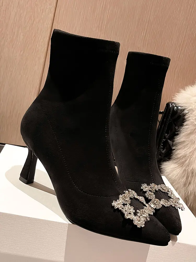 Women's Stiletto Ankle Boots - Pointed Toe, Stretch Velvet 5004 (10)