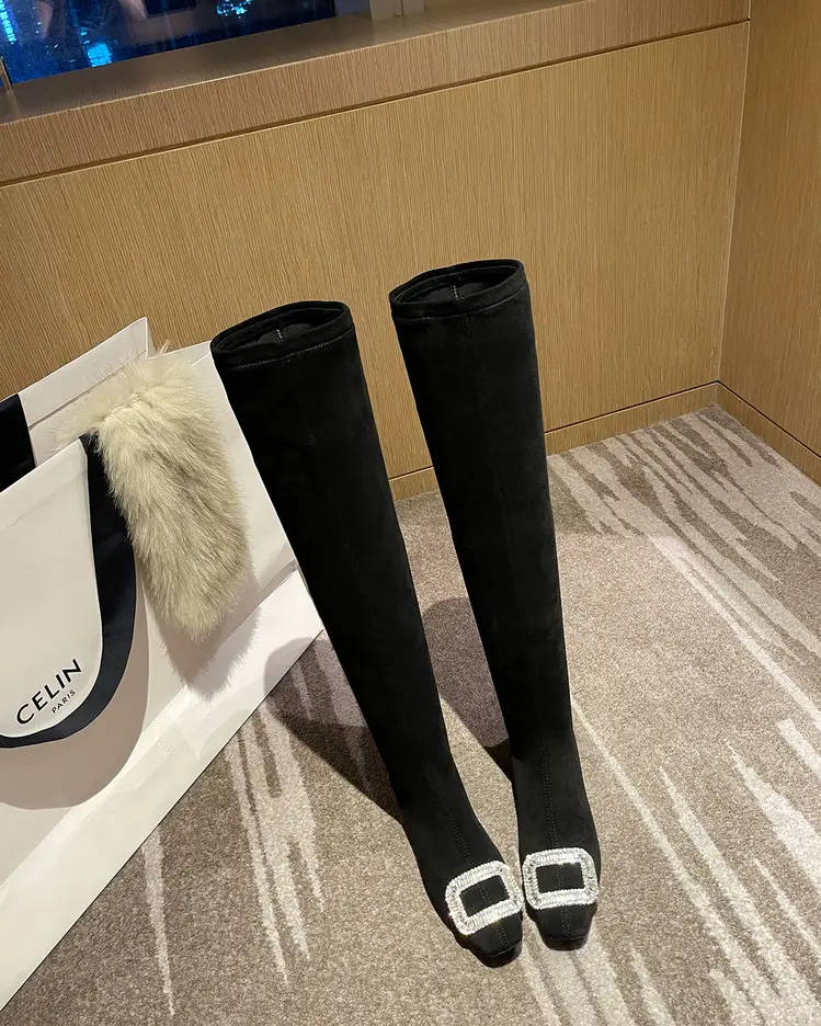 Black Velvet Rhinestone Over-the-Knee Stiletto Boots  5009 (31)