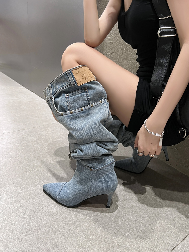 7cm Stiletto Pull-On Women's Knee-High Denim Heel Boots (10)