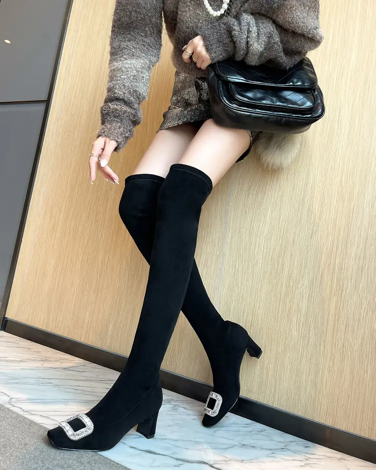 Black Velvet Rhinestone Over-the-Knee Stiletto Boots  5009 (32)