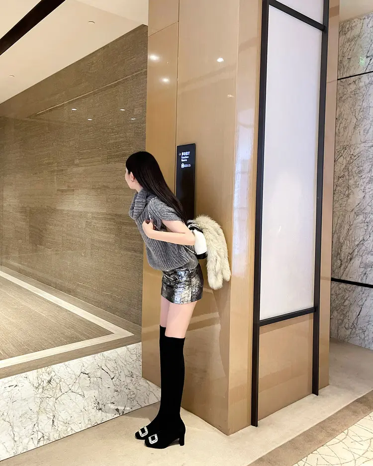 Black Velvet Rhinestone Over-the-Knee Stiletto Boots  5009 (36)