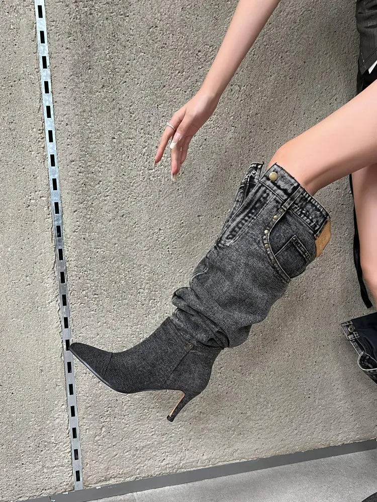 7cm Stiletto Pull-On Women's Knee-High Denim Heel Boots (21)