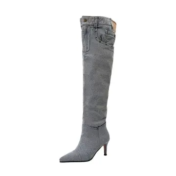 7cm Stiletto Pull-On Women's Knee-High Denim Heel Boots