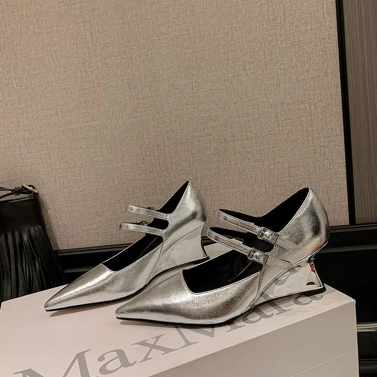 Silver Wedge Heel Mary Jane Pumps 6.5cm Black Leather (17).jpg