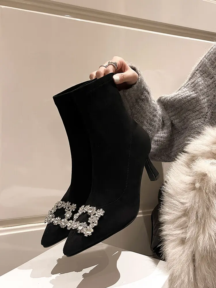 Women's Stiletto Ankle Boots - Pointed Toe, Stretch Velvet 5004 (12)