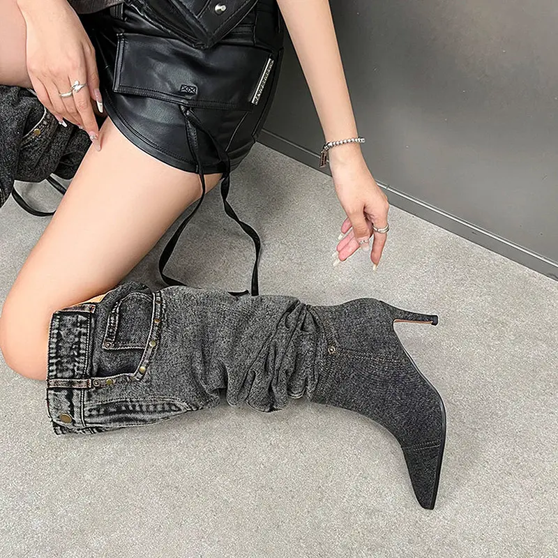 7cm Stiletto Pull-On Women's Knee-High Denim Heel Boots (8).jpg