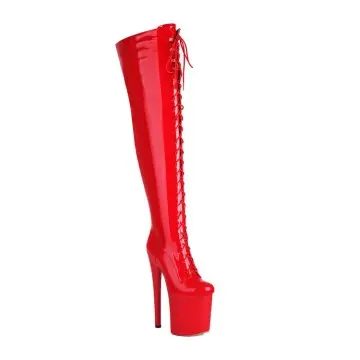20cm Ultra High Heel Pole Dance Thigh Boots in Seductive Red