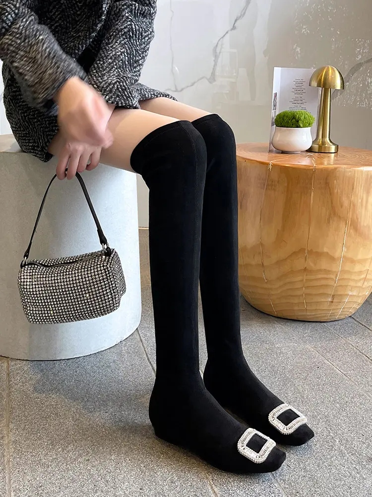 Black Velvet Rhinestone Over-the-Knee Stiletto Boots  5009 (28)