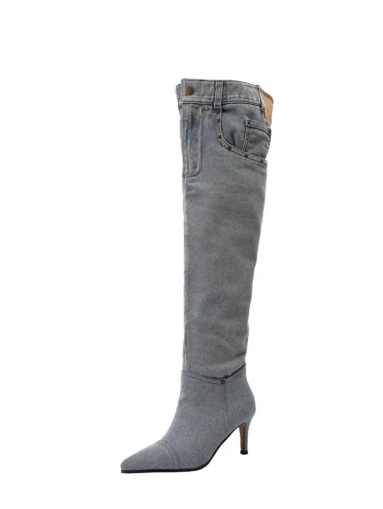 7cm Stiletto Pull-On Women's Knee-High Denim Heel Boots (11)