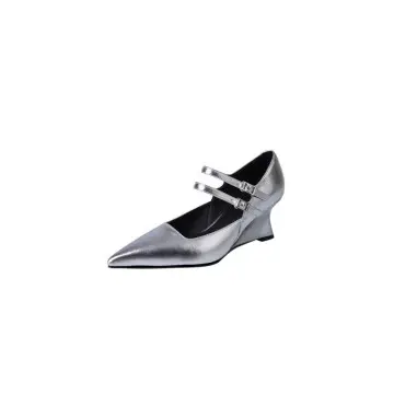 Silver Wedge Heel Mary Jane Pumps: 6.5cm Black Leather