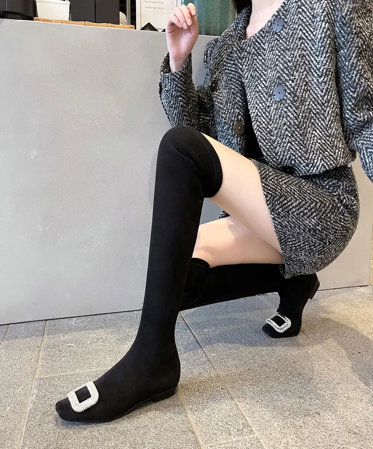 Black Velvet Rhinestone Over-the-Knee Stiletto Boots  5009 (42)