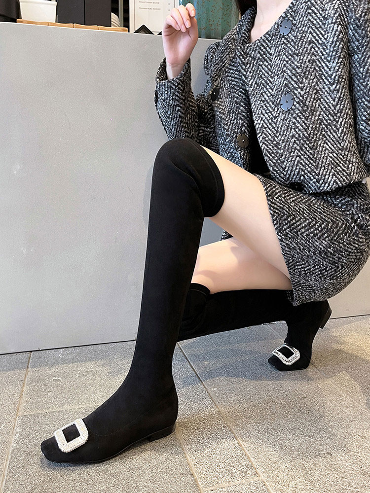 Black Velvet Rhinestone Over-the-Knee Stiletto Boots  5009 (26)