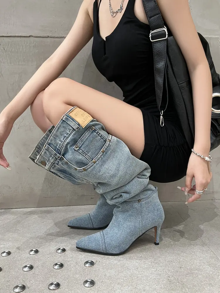 7cm Stiletto Pull-On Women's Knee-High Denim Heel Boots (6)