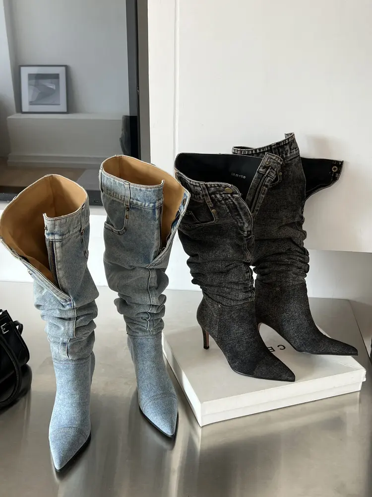 7cm Stiletto Pull-On Women's Knee-High Denim Heel Boots (1)